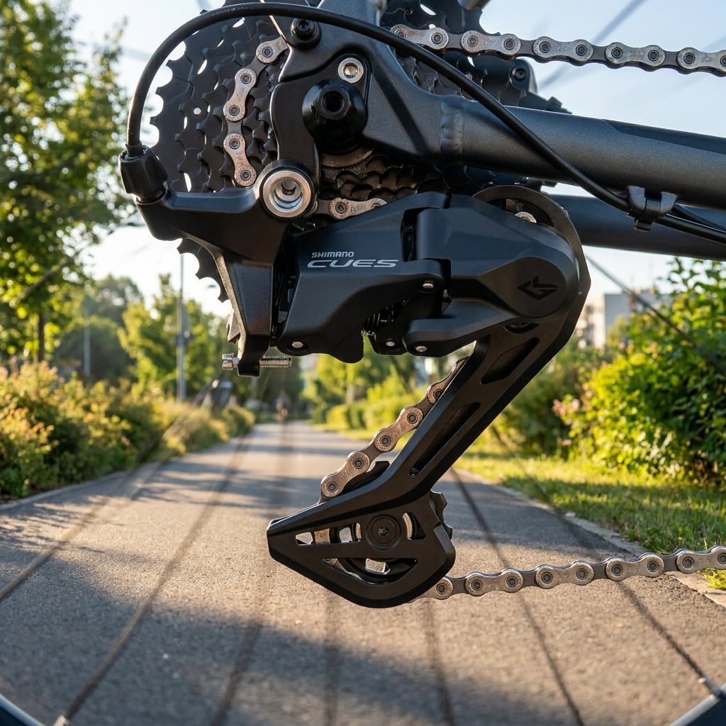 SHIMANO CUES RD-U3020 9-fach Schaltwerk am Fahrrad auf einem Weg für Trekking & City.