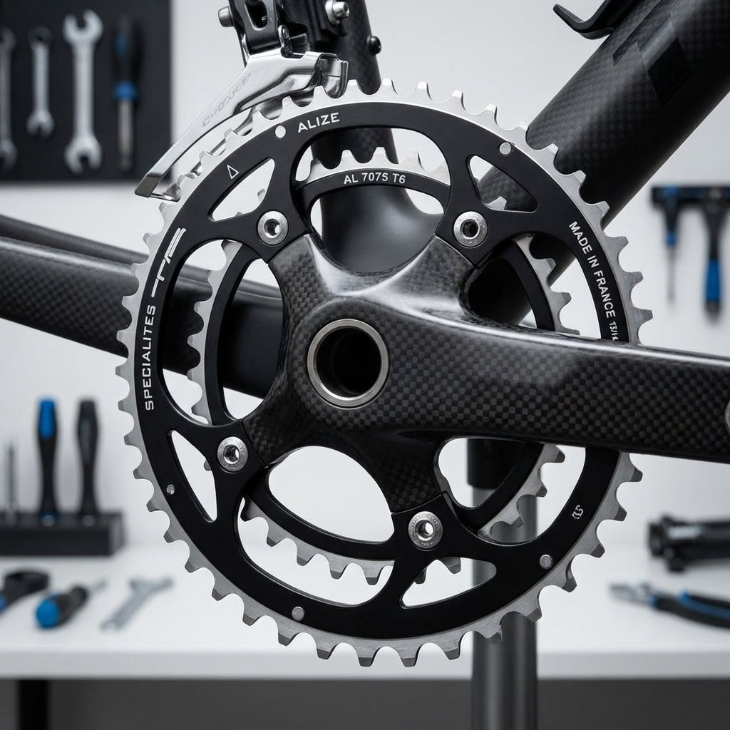 TA Alizé 52Z Kettenblatt schwarz, Ø130, 9/10-fach, auf Carbon-Kurbel am Fahrrad mit Umwerfer. Made in France.