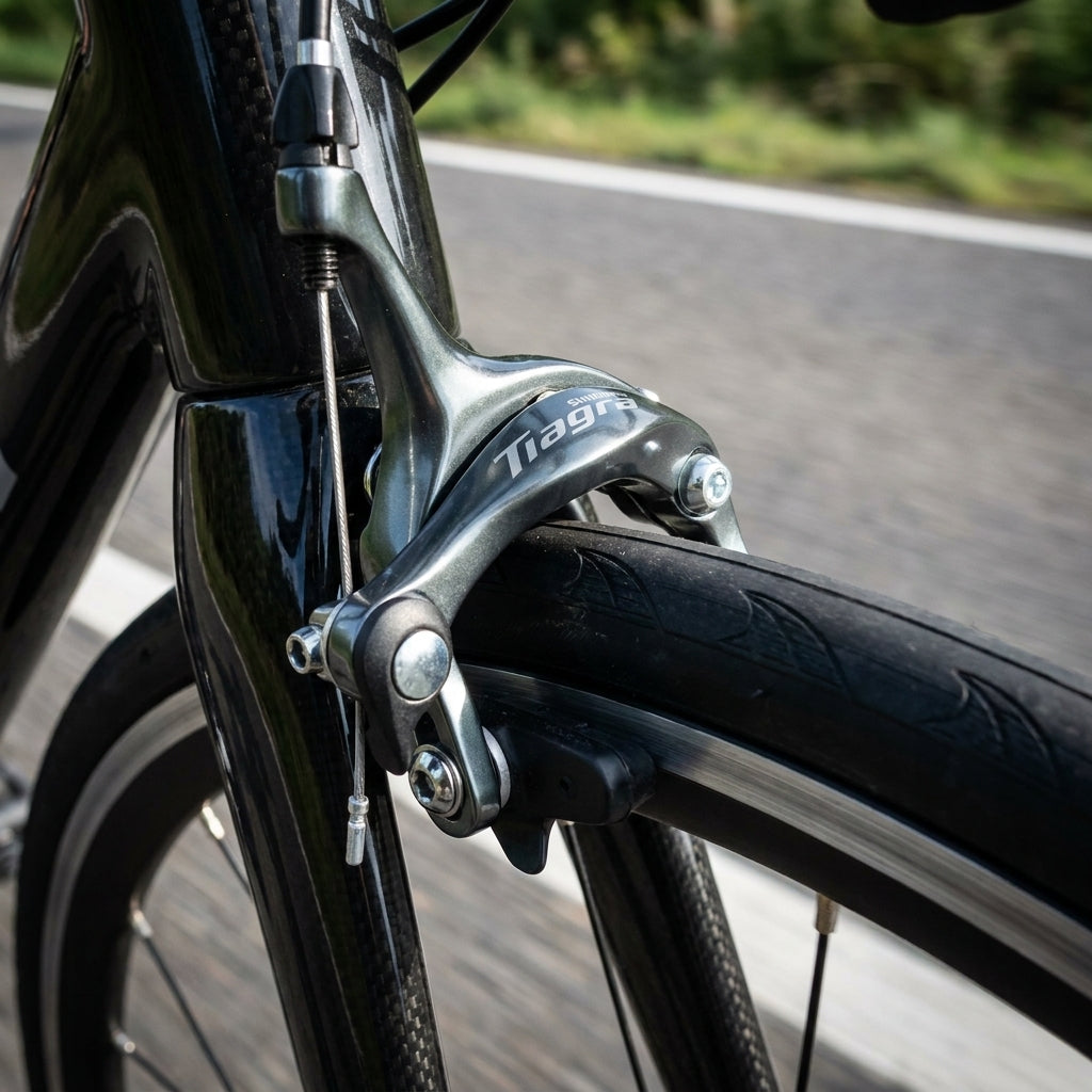 SHIMANO Tiagra BR-4700 VR Felgenbremse am Vorderrad eines Fahrrads auf der Straße.