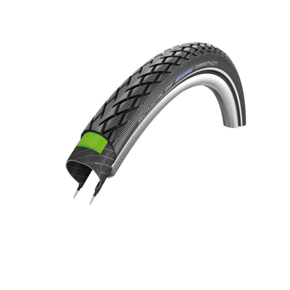Schwalbe Marathon Drahtreifen 28x1.40 Zoll Querschnitt mit grünem Pannenschutz.