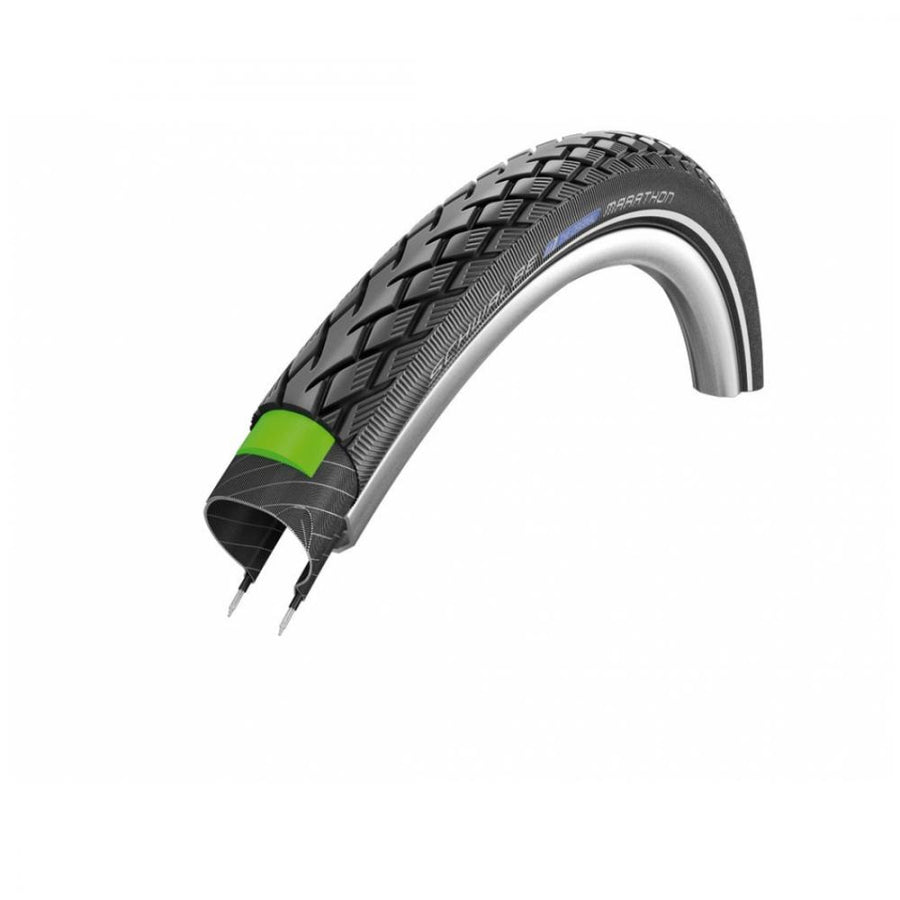 Schwalbe Marathon Drahtreifen 28x1.40 Zoll Querschnitt mit grünem Pannenschutz.