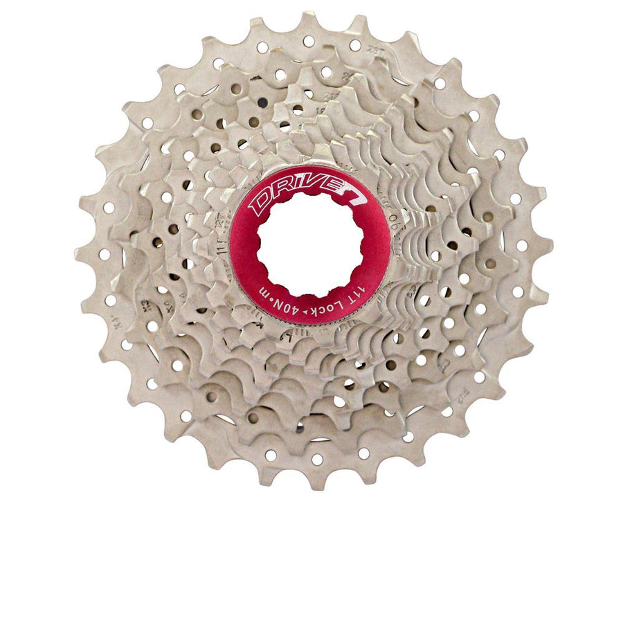 Metallische SunRace CSRX0 10-fach Kassette 11-28T mit rotem Aluminium Lockring, Shimano/SRAM kompatibel.