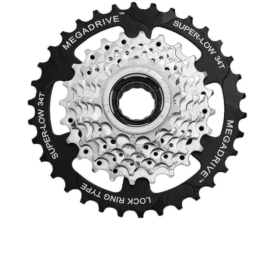 SunRace 7-fach Schraubkranz, silberne Ritzel mit schwarzem Super-Low 34T Megadrive Zahnrad.