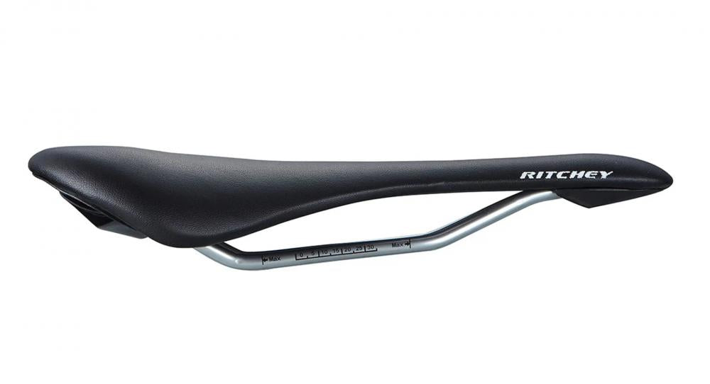 Schwarzer Ritchey Streem Fahrradsattel mit Stahlstreben und seitlicher Messskala.