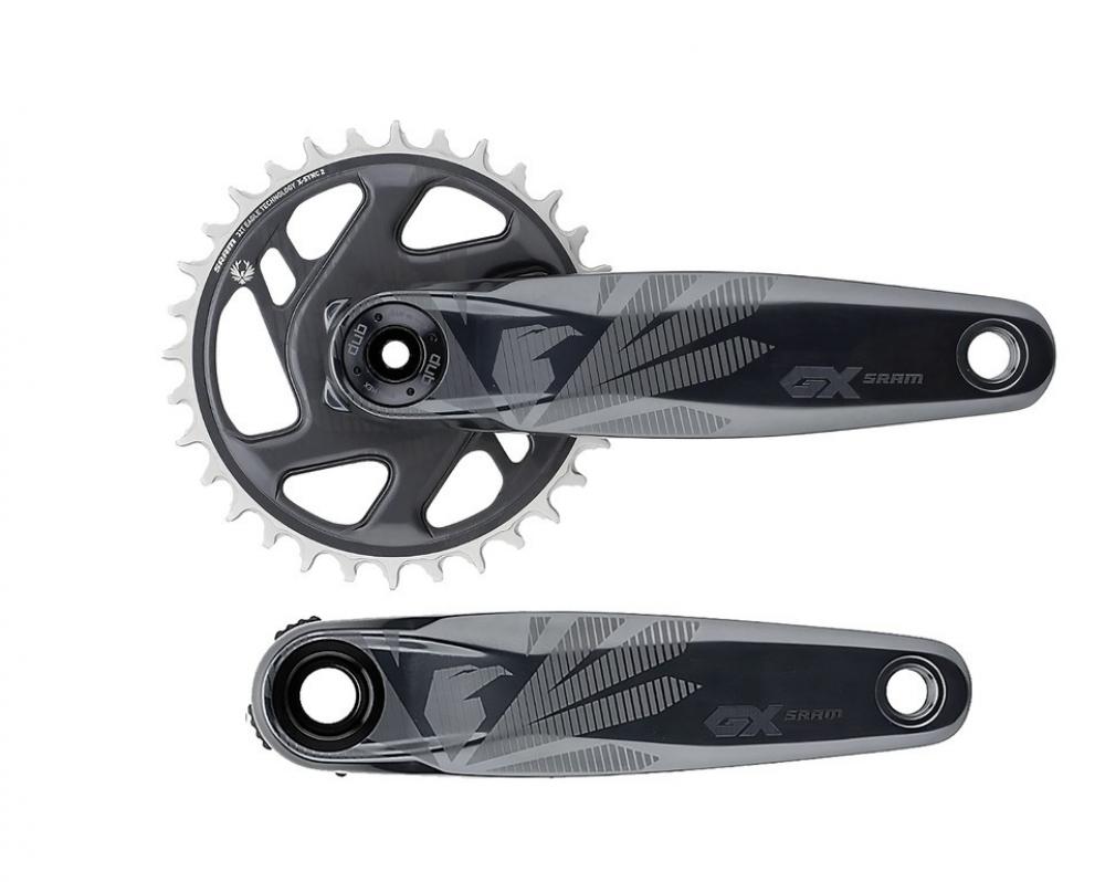 SRAM GX Eagle Boost DUB Kurbelgarnitur 12-fach MTB. Dunkle Kurbelarme mit Eagle Logo, silbernes Kettenblatt.