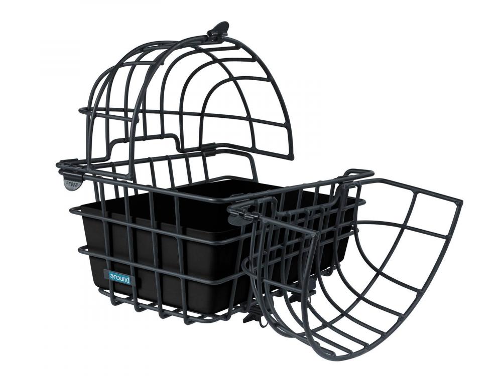 Around Luna Alu schwarzer Fahrrad-Hundekorb, stabil und modern, offen mit Einsatz, ideal für kleine Hunde.