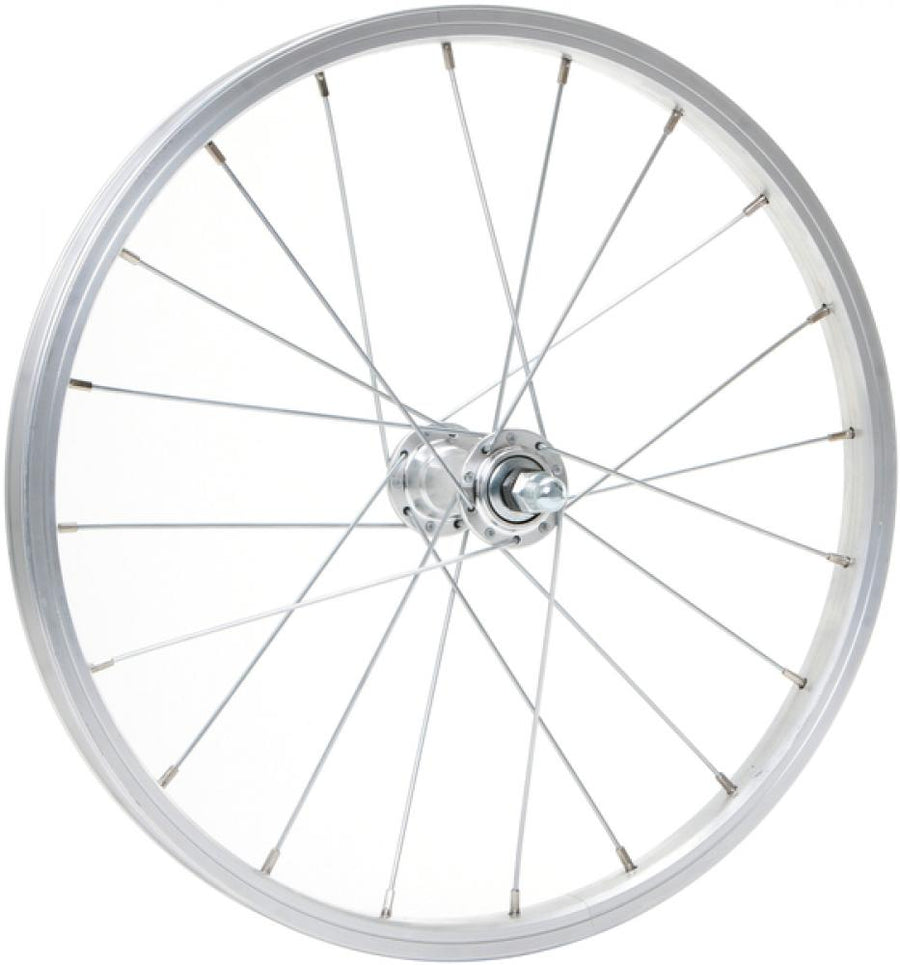 CONTEC Vorderrad "Alu Sport + Quando KT-A16F"nFelge: SCHÜRMANN Alu-Kasten "Alu Sport", 18", 19-355, Höhe: 14 mm, 20 Loch, AV/DV Ventil, mit silberner Bremsflanke, keine Ösen, silber (0.349.046/3)nNabe: QUANDO Vorderradnabe "KT-A16F", 20 Loch, Vollachse, 1