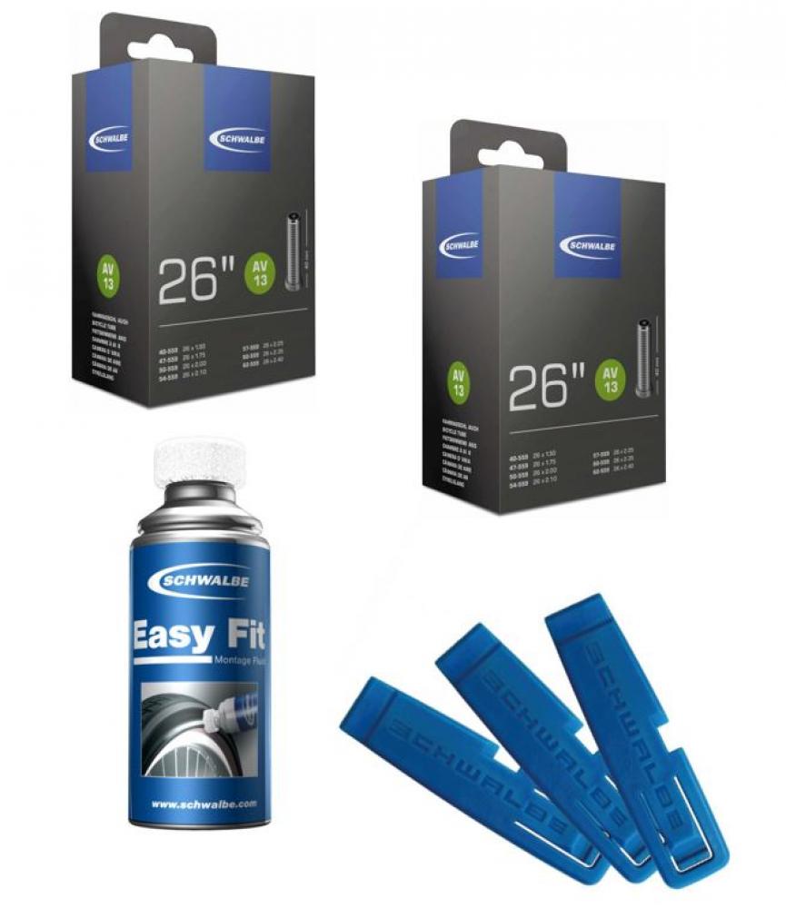 Schwalbe Fahrrad-Set: 2x Schlauch AV13 26x1.50-2.40" AV 40mm, 3x Reifenheber, 1x Easy Fit Montagefluid.