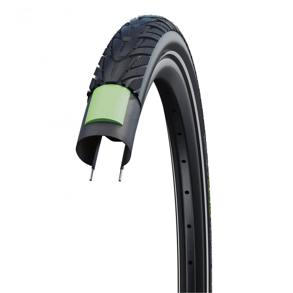 Schwalbe Energizer Plus E-Bike Reifen Querschnitt mit GreenGuard Pannenschutz, robustem Profil und Felge.