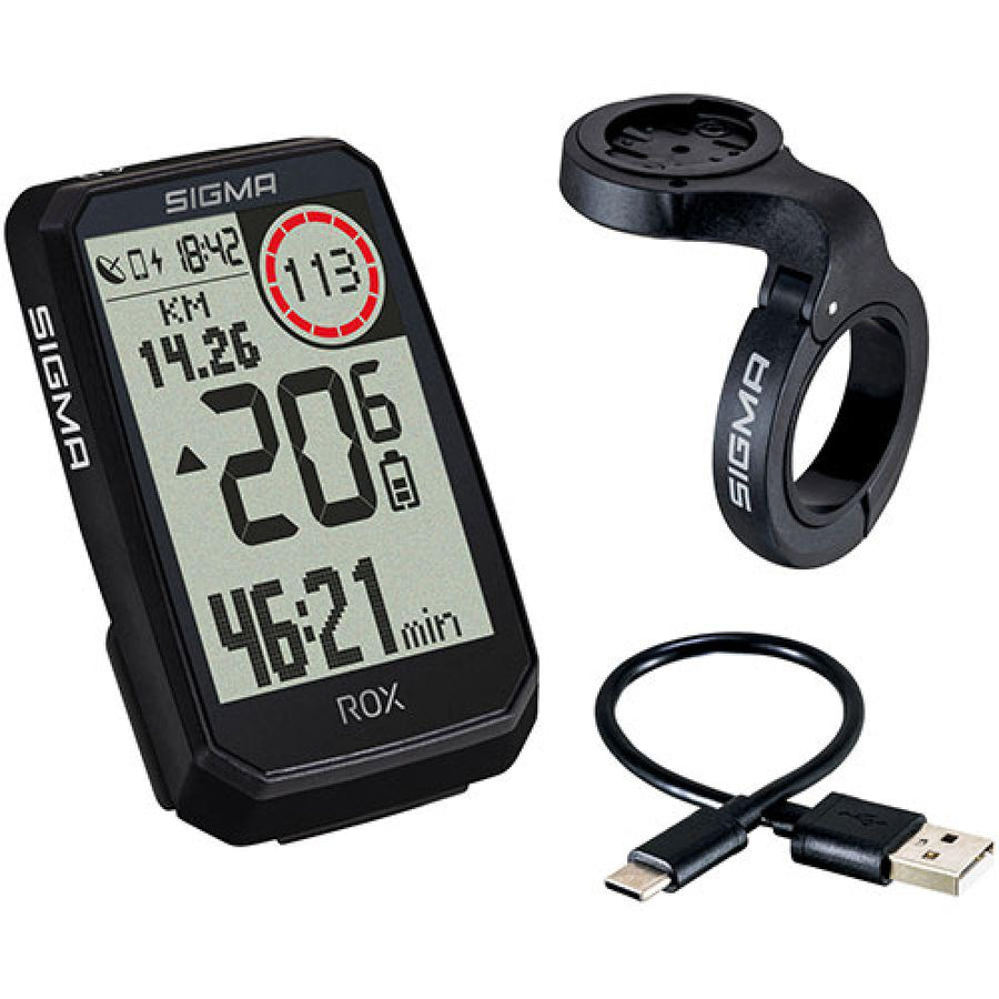 Sigma ROX 4.0 GPS Fahrradcomputer mit Halterung und Ladekabel. Navigation und E-Bike-Ready.