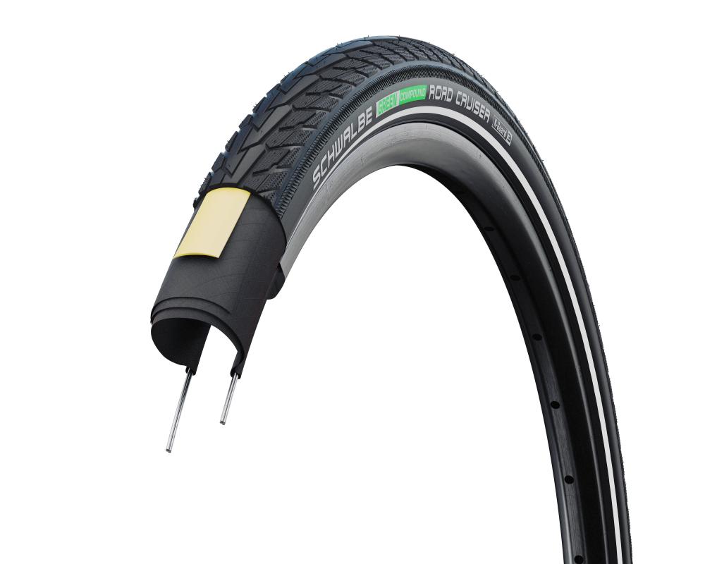 Schwalbe Road Cruiser 20x1.75 Green Compound K-Guard Active Line Fahrradreifen im Querschnitt.