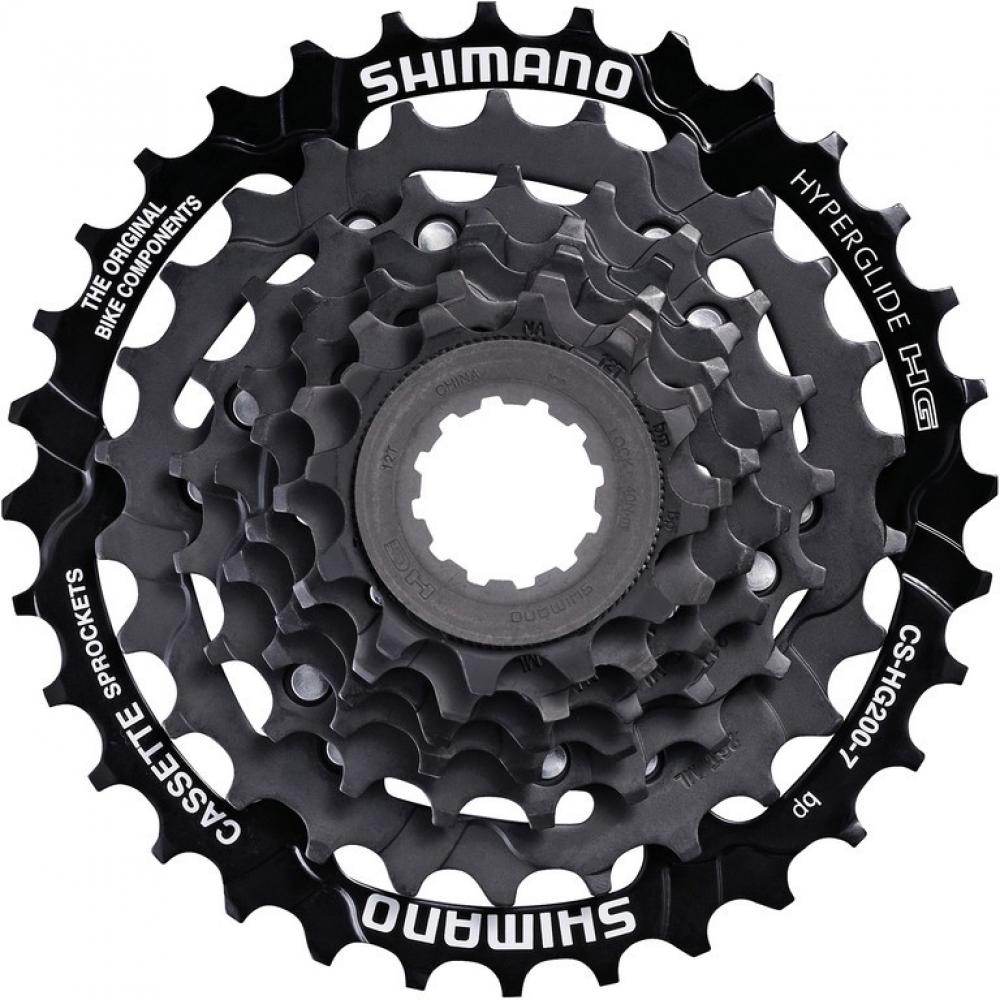 Schwarze Shimano Hyperglide HG Fahrradkassette CS-HG200-7 mit 7 Gängen und 12-32 Zähnen.