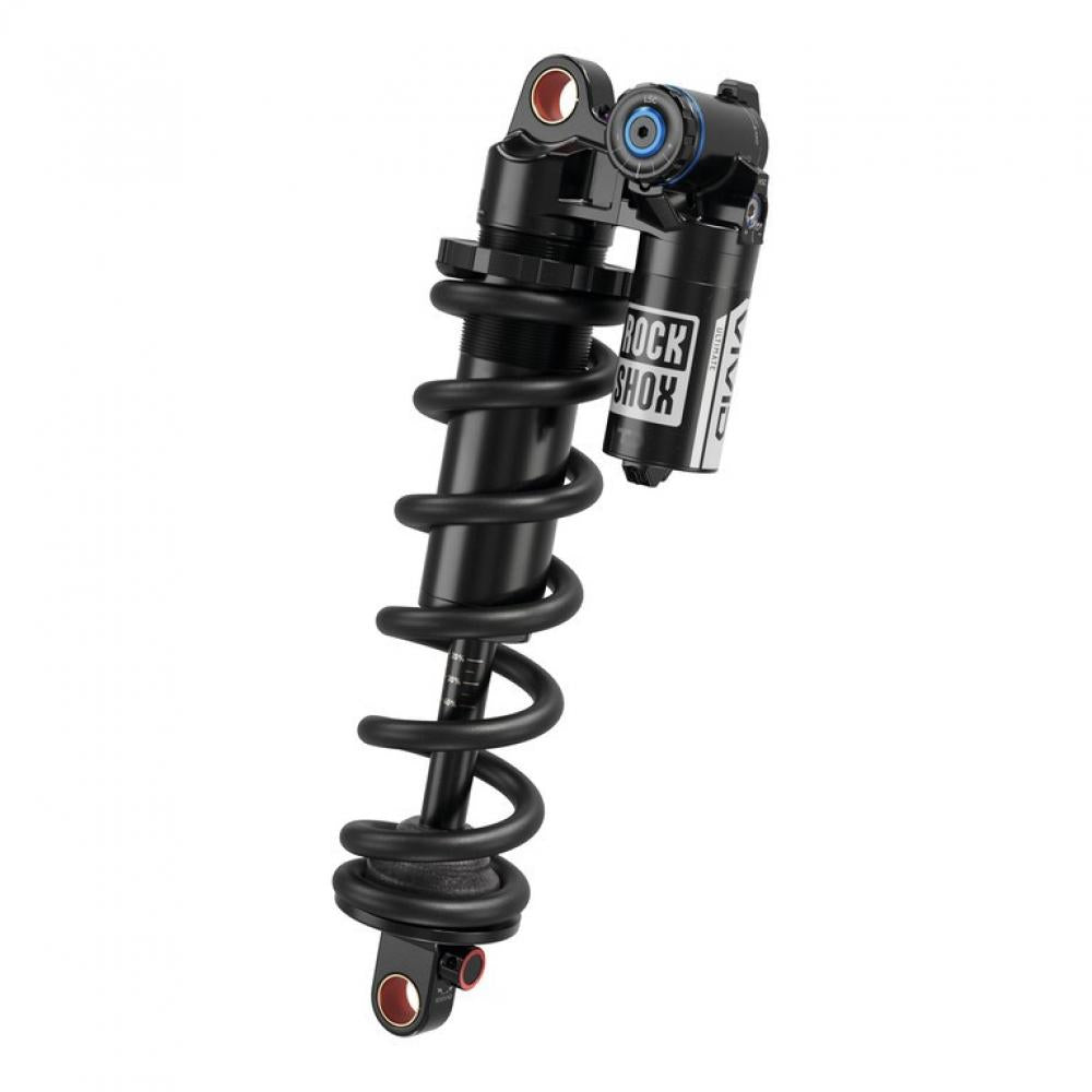Schwarzer RockShox Vivid Coil Ultimate Fahrrad-Dämpfer mit Feder, blauer Einstellschraube und roten Akzenten.