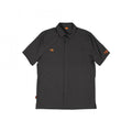 Schwarzes FOX Shop Shirt mit orangem Logo, Unisex XL, Arbeitshemd mit kurzen Ärmeln und Brusttaschen.