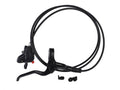 Vormontierte Shimano MT201 Hinterrad-Scheibenbremse mit Bremshebel, Leitung und Bremssattel in Schwarz.