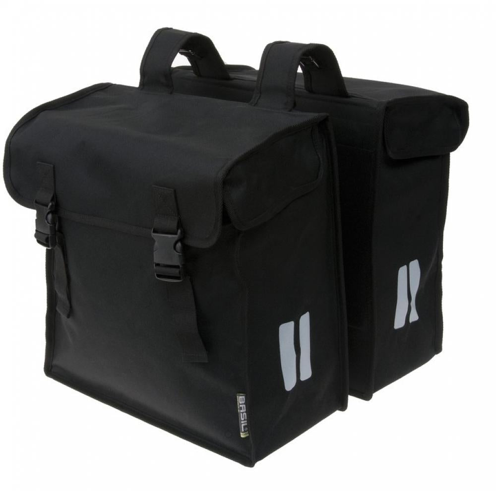 Schwarze Basil Mara XXL Doppelpacktasche für Fahrräder, 47L, mit Reflektoren.
