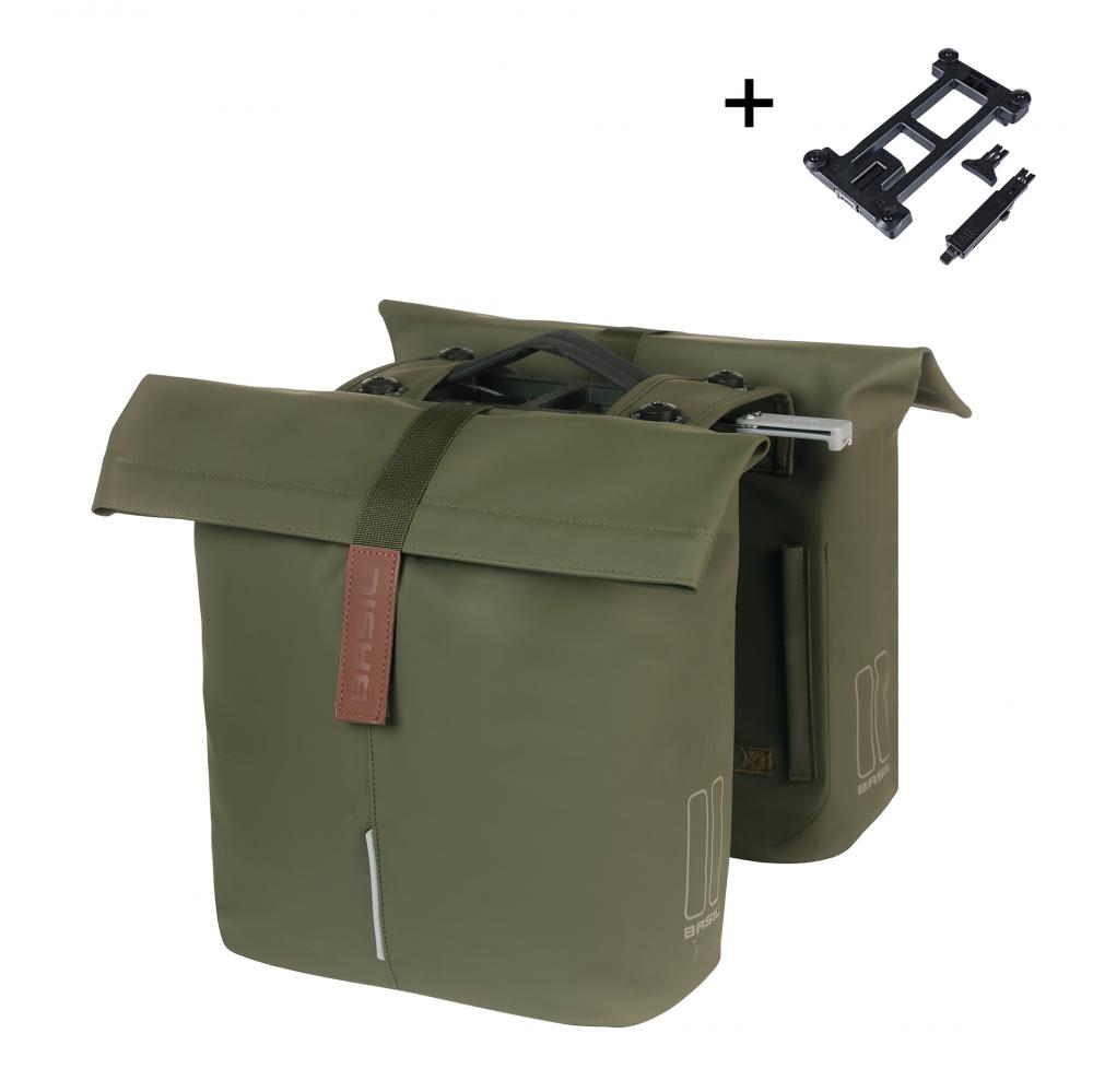 Basil City Double Pannier Bag MIK 2.0 - 28-32 Liter Doppeltasche - Doppelpacktasche - veganes Leder wasserfester Rollverschluss inkl. MIK Adapterplatte