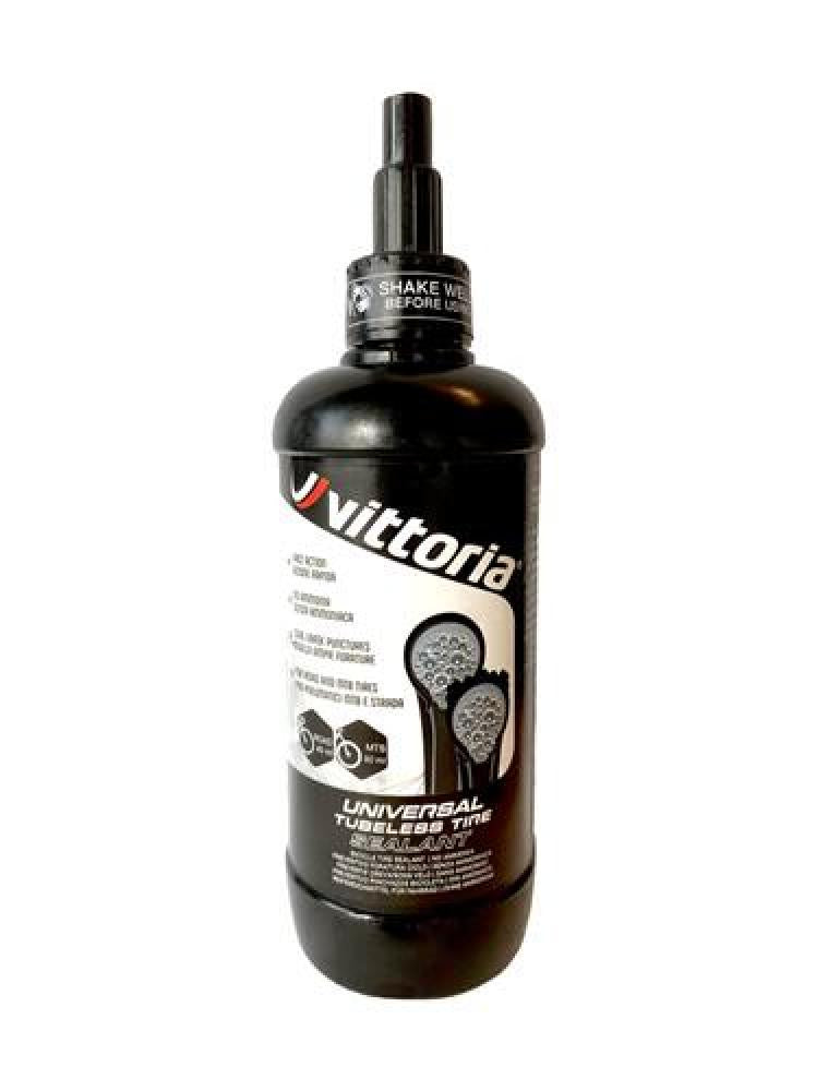 Schwarze Flasche Vittoria Universal Tubeless Reifendichtmittel für schnelle und zuverlässige Pannenversiegelung am Fahrrad.