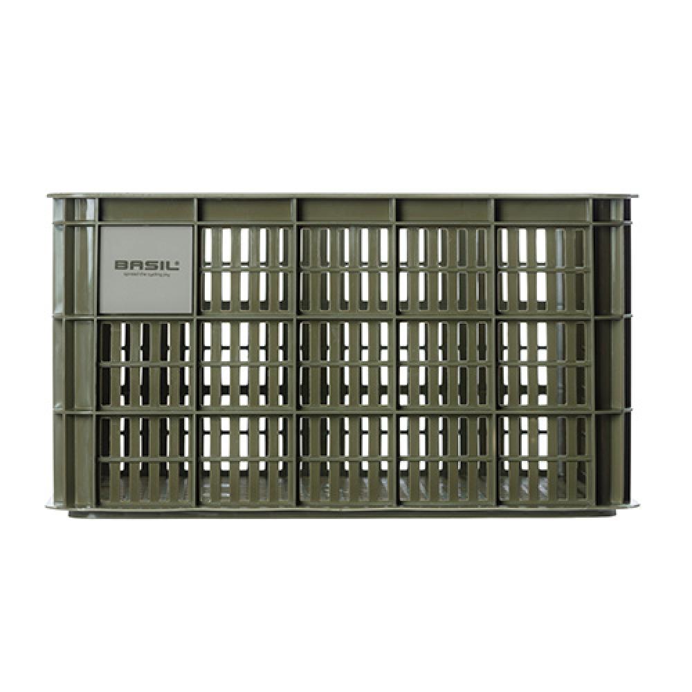 Moosgrüne Basil Crate L Fahrradkiste aus recyceltem Kunststoff, 40 Liter Fassungsvermögen für Einkäufe und Alltag.