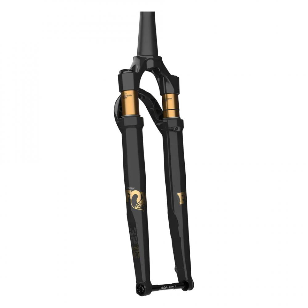 FOX 32 TC Factory Grip SL 700C Gravel-Federgabel, schwarz, mit goldenen Standrohren und FOX-Logo.