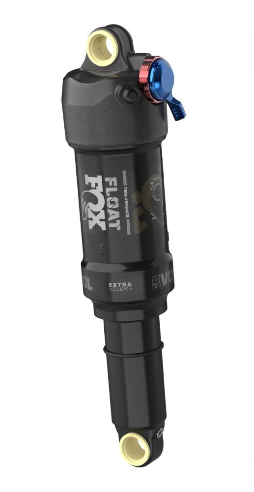FOX Float Performance Elite 2POS Luftdämpfer 210x55mm für Mountainbike Hinterbau, schwarz mit blauem Hebel.