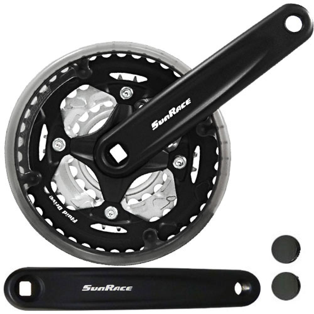 Robuster schwarzer SunRace Kurbelsatz mit 42-34-24Z Kettenblättern und 170mm Kurbelarmen für 3x7/3x8-fach Fahrräder.