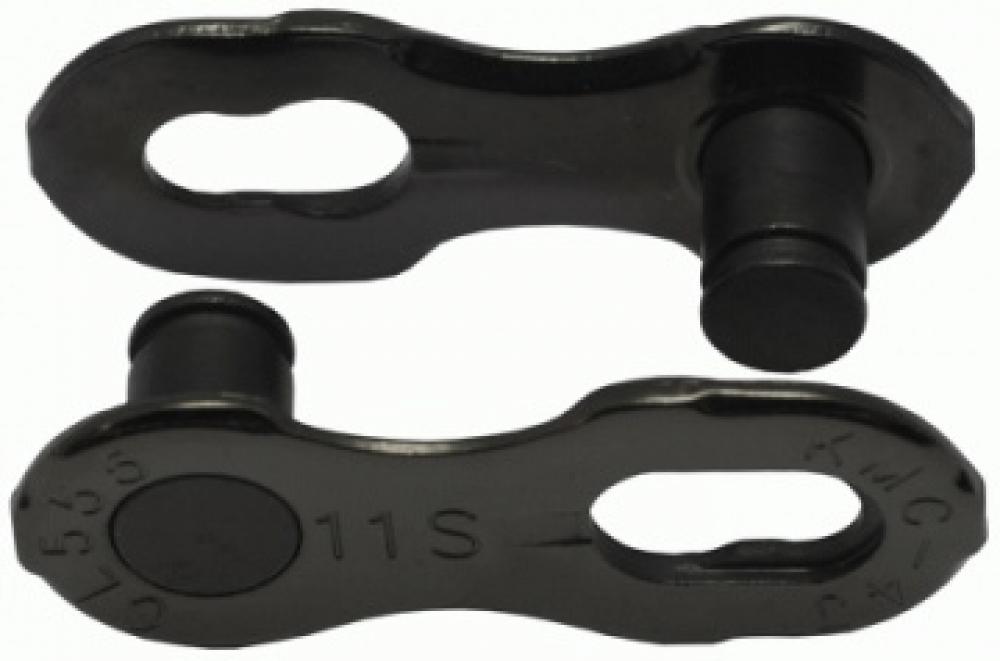 Zwei schwarze KMC Missinglink 11S DLC Kettenverschluss-Teile für Fahrradkette.