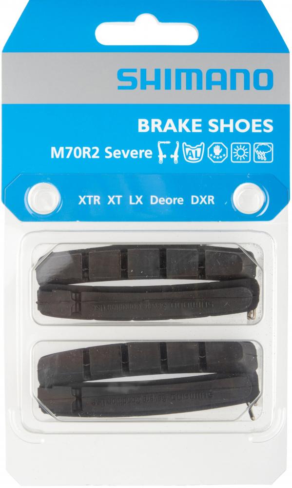 SHIMANO M70R2 MTB Felgenbremsbeläge: 2 Paar schwarze V-Brake Cartridge Bremsschuhe in der Originalverpackung.