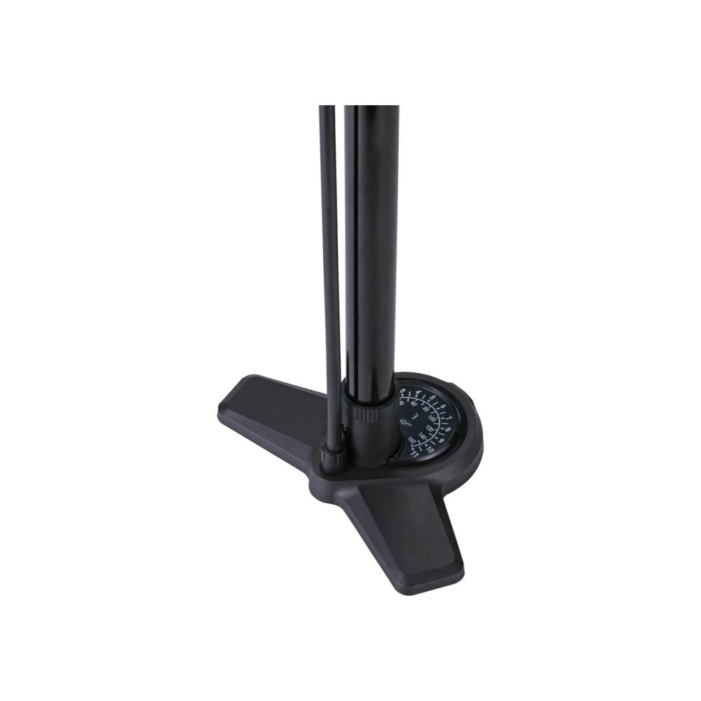 Schwarze BBB Cycling AirBoost BFP-28 Standpumpe mit analogem Manometer und stabilem Standfuß.