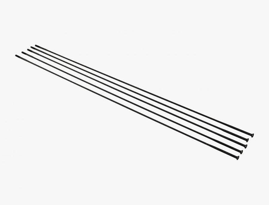 Fünf schwarze Race Face Speichen (2.0-1.5, 284 mm) auf weißem Hintergrund.