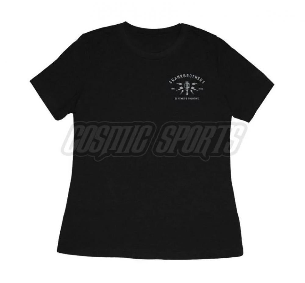 Schwarzes Crankbrothers 25th Anniversary Damen T-Shirt mit hellgrauem Logo.