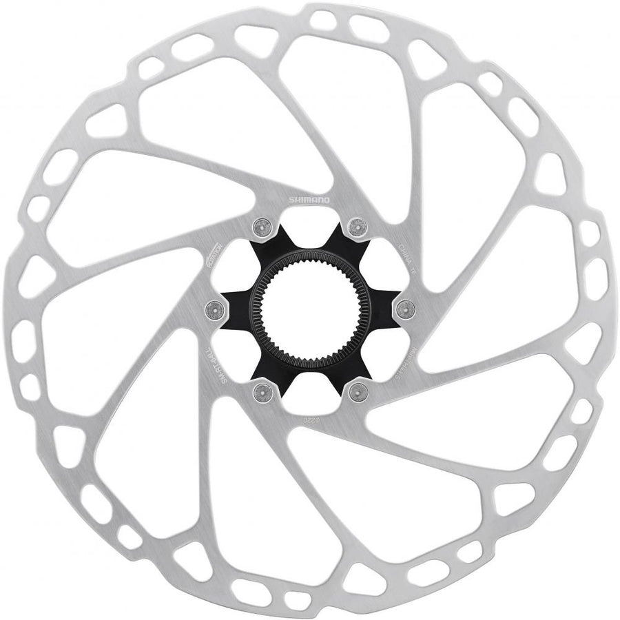 SHIMANO Bremsscheibe SM-RT64 203 mm Center Lock, silber, mit Verschlussring und Außenverzahnung.