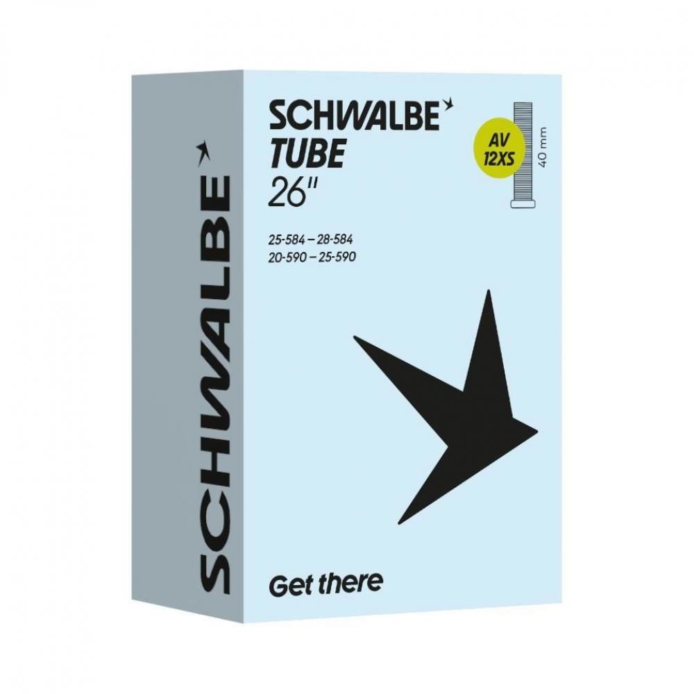 Schwalbe Fahrradschlauch AV12XS 26 Zoll mit 40mm Autoventil in blauer Produktverpackung.