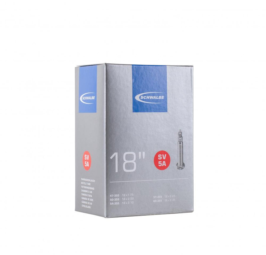 Schwalbe Fahrradschlauch SV5A 18 Zoll 47/60-355 mit 40mm Sclaverandventil für Reifenbreiten von 1,75 bis 2,35 Zoll.