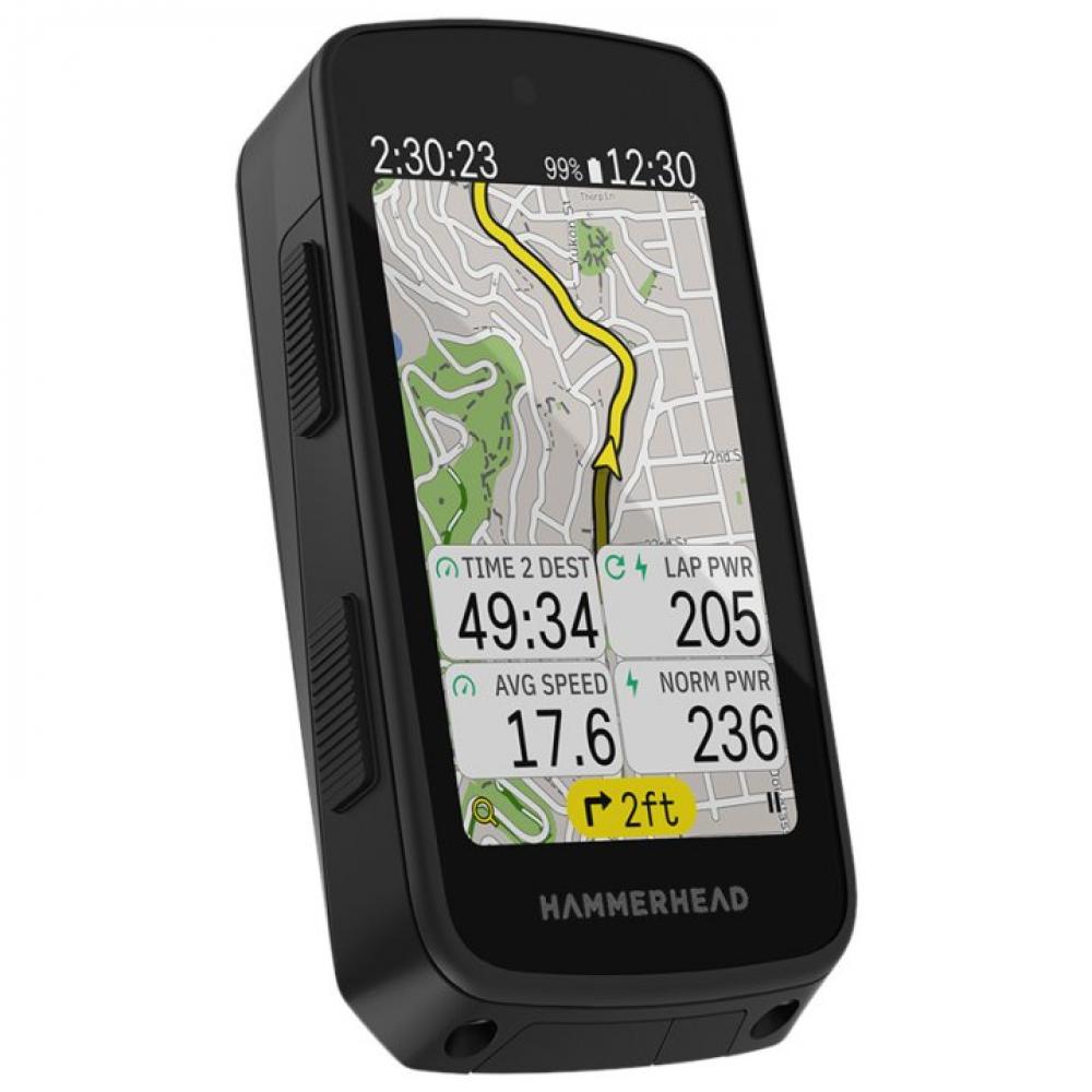 Hammerhead Karoo Fahrradcomputer zeigt GPS-Navigation, Geschwindigkeit und Leistungsdaten. Teil des SRAM RED MY25 AXS Upgrade