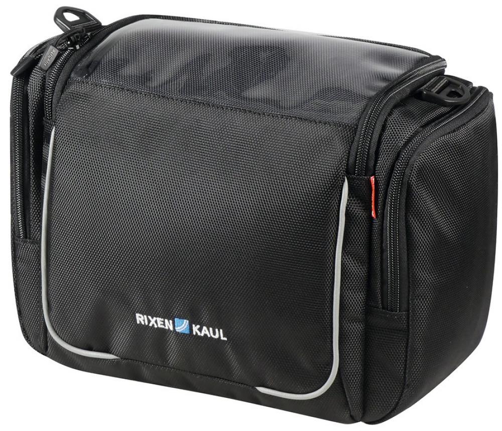 Schwarze KLICKfix Lenkertasche Aventour Sport von Rixen Kaul mit transparentem Deckelfach und Reflektorstreifen.