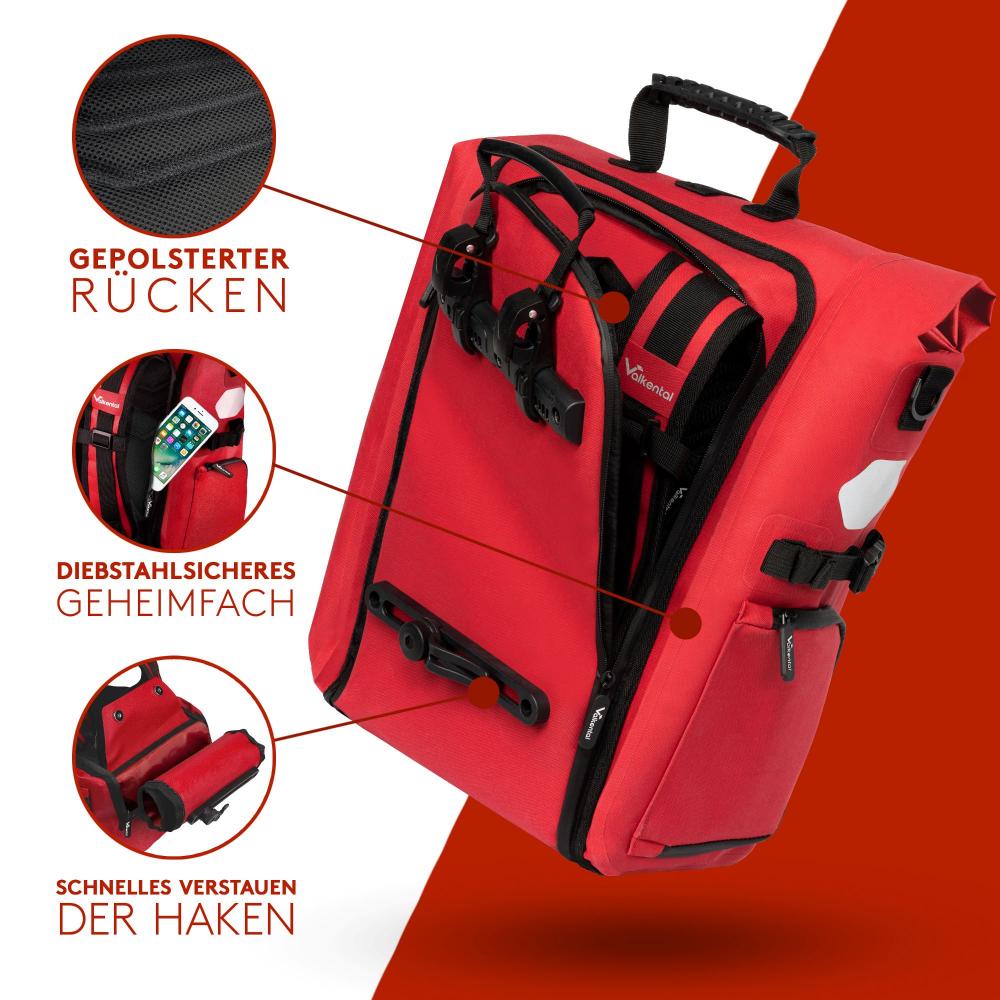 Rote Valkental ValkPro 3in1 Fahrradtasche Rucksack mit gepolstertem Rücken, Geheimfach und Hakenverstauung.