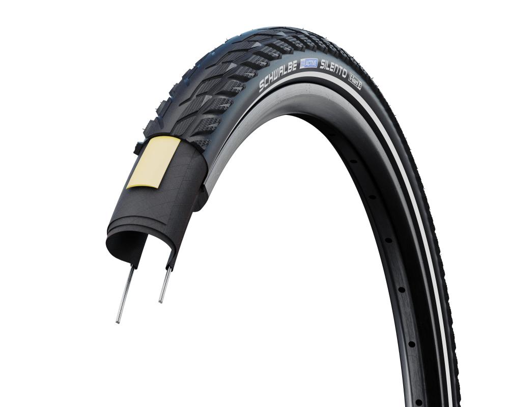 Schwalbe Silento Fahrradreifen 47-622 mit K-Guard Pannenschutz und Drahtkern im Schnitt.