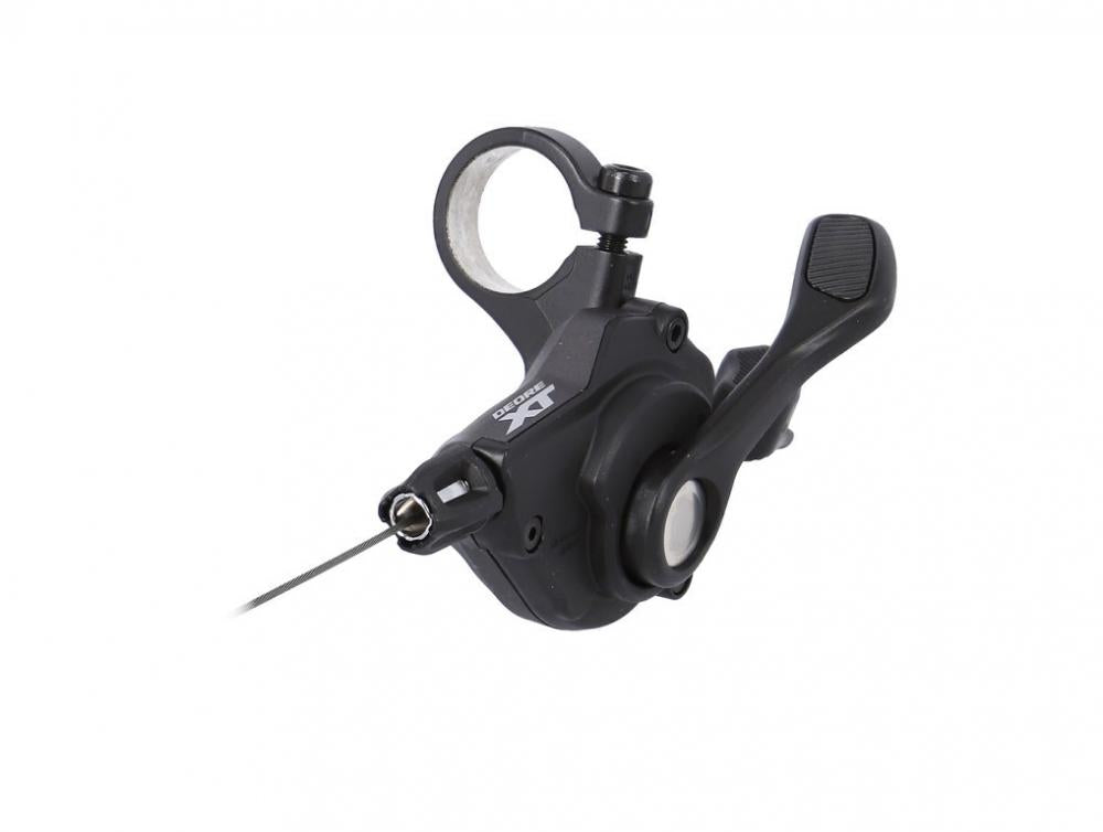 Shimano DEORE XT 12-fach MTB Schalthebel schwarz mit Zug für präzises Schalten.