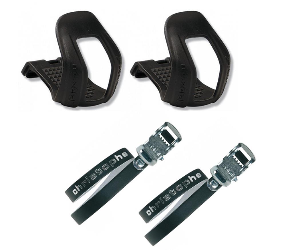 Zéfal Christophe S M Pedalhaken und schwarze 370mm Leder-Pedalriemen im Paar, Retro.
