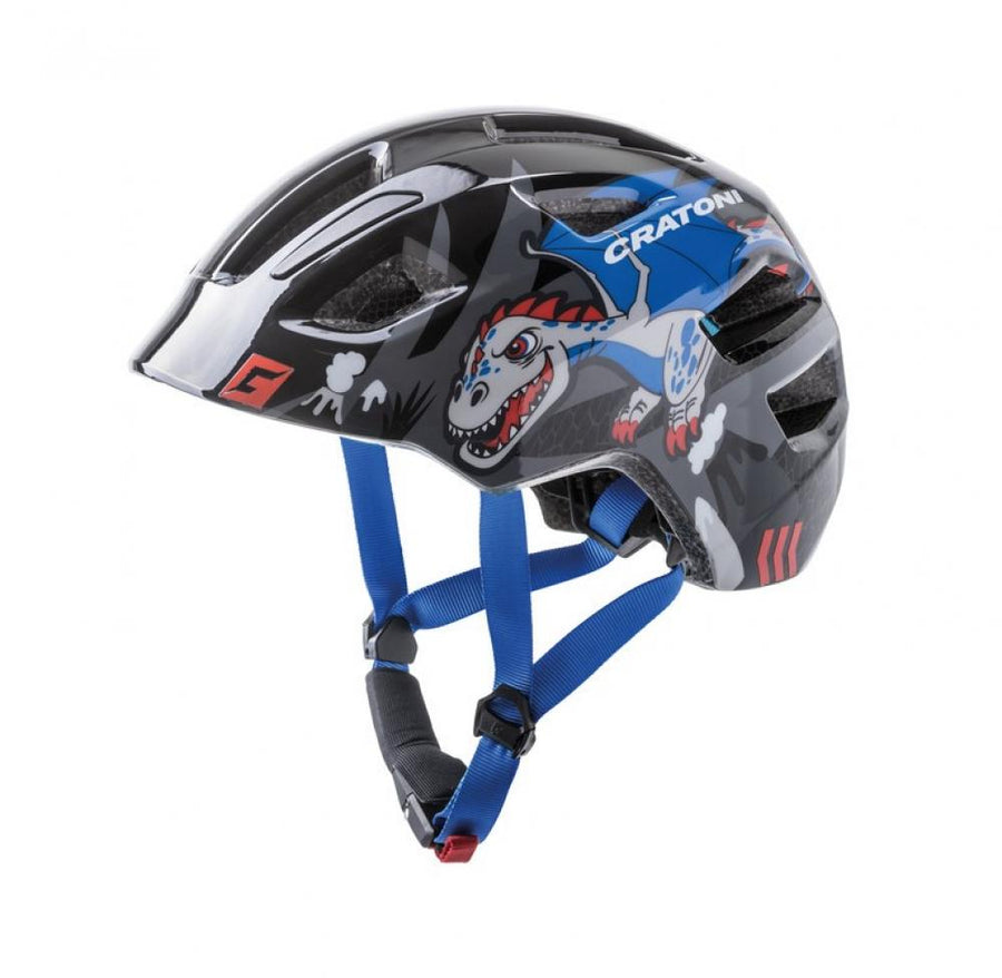 Cratoni Kinderhelm Maxster Pro Kid Drache schwarz glanz S/M 51 bis 56cm mit blauem Riemen.