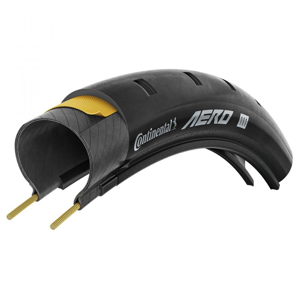 Continental AERO Fahrradreifen Querschnitt, schwarz, gelbe Einlage, goldene Wulstdrähte.