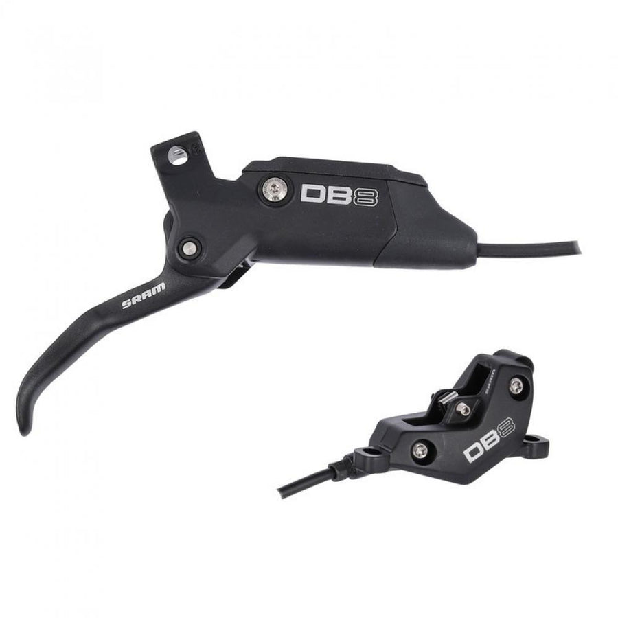 SRAM DB8 robuste 4-Kolben-Scheibenbremse hinten mit Mineralöl, Bremshebel und Bremssattel in Schwarz.