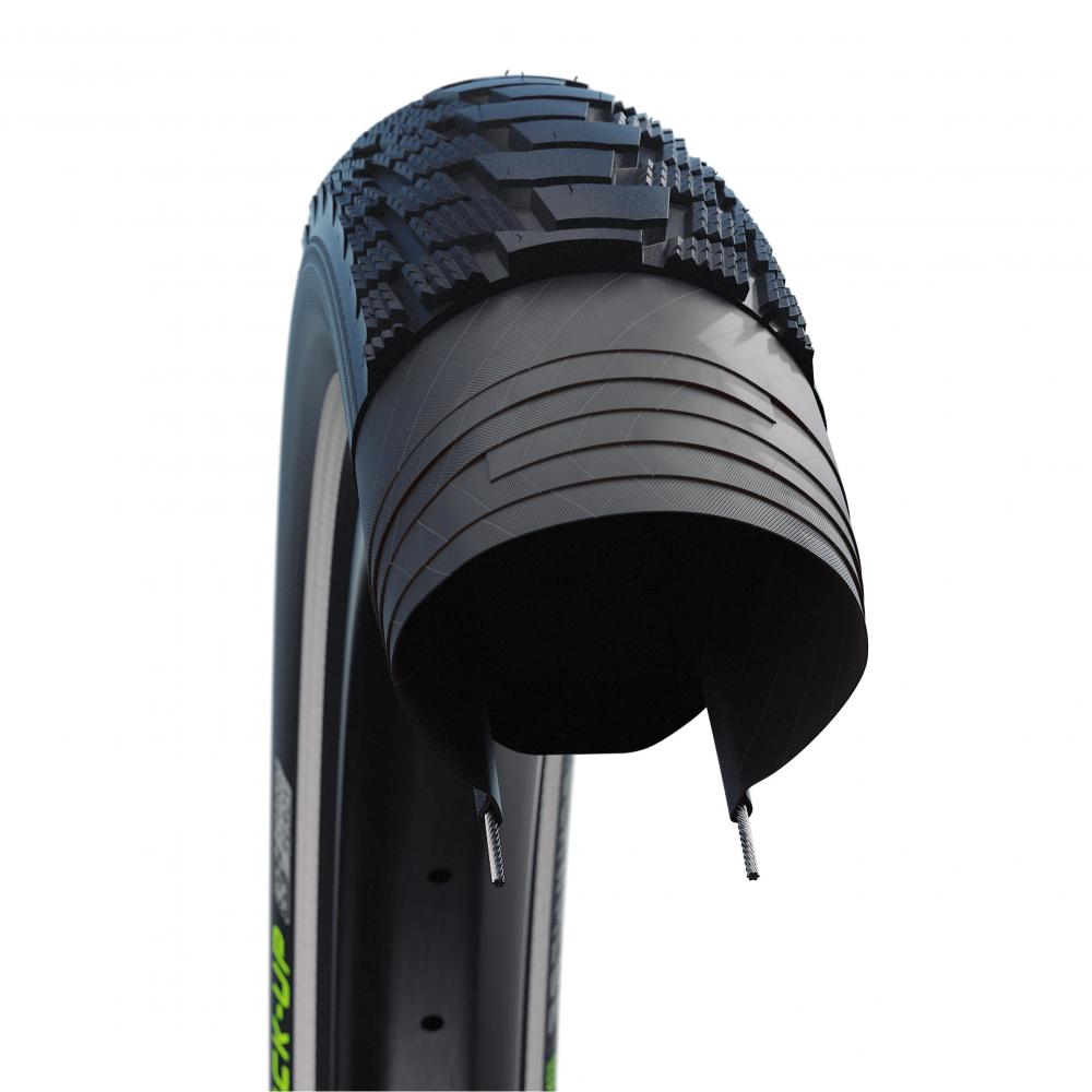 Schnittbild Schwalbe Pick-Up E-Cargo-Bike Drahtreifen schwarz mit Reflexstreifen, pannensicher, ADDIX E-Compound.