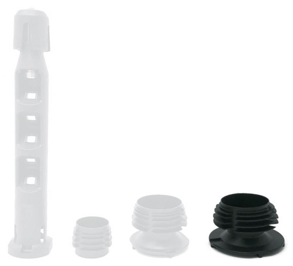 MonkeyLink MonkeyChuck XL Adapter für 1,8"-Gabeln, schwarz, mit weiteren weißen Adapterteilen zur MonkeyFender-Montage.