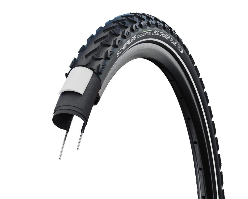 Schwalbe Land Cruiser Plus Drahtreifen E-25, schwarz, Reflex, mit Pannenschutz im Querschnitt.