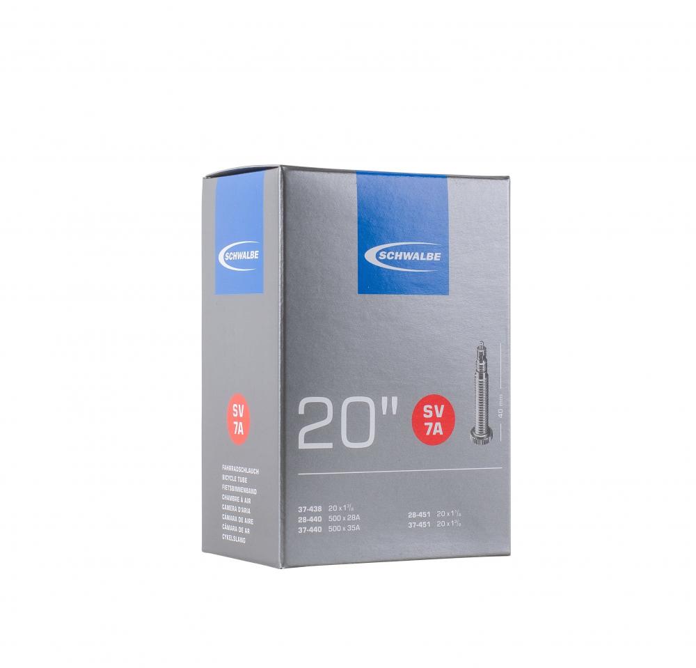 Schwalbe Fahrradschlauch SV7A 20", Sclaverand-Ventil 40 mm, kompatibel mit Reifen 28/37-438/451, ideal für 20-Zoll-Räder, langlebig und zuverlässig