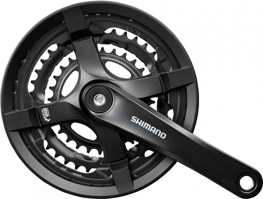 Schwarze Shimano Tourney FC-TY501 Kurbelgarnitur 48-38-28 Zähne für 6/7/8-fach Kettenschaltungen.