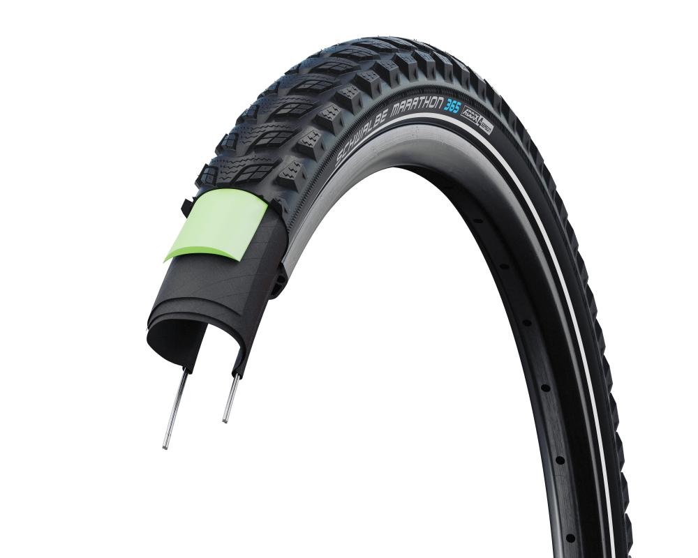 Schwalbe Marathon 365 Drahtreifen 55-406 GreenGuard Ganzjahresreifen. Querschnitt zeigt Pannenschutzschicht und Profil.
