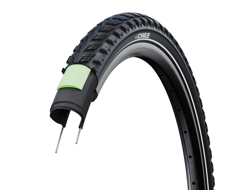 Schwalbe Marathon 365 Drahtreifen, schwarz, Ganzjahresreifen mit Pannenschutz. Detailansicht des Reifenaufbaus.